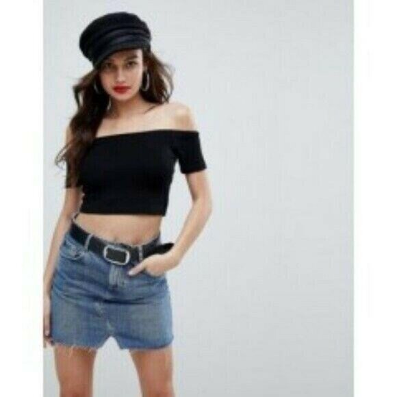 ASOS Top 14 Womens Cropped Black Off Shoulder Stretch Textured V Neck Date Night - Picture 2 of 4